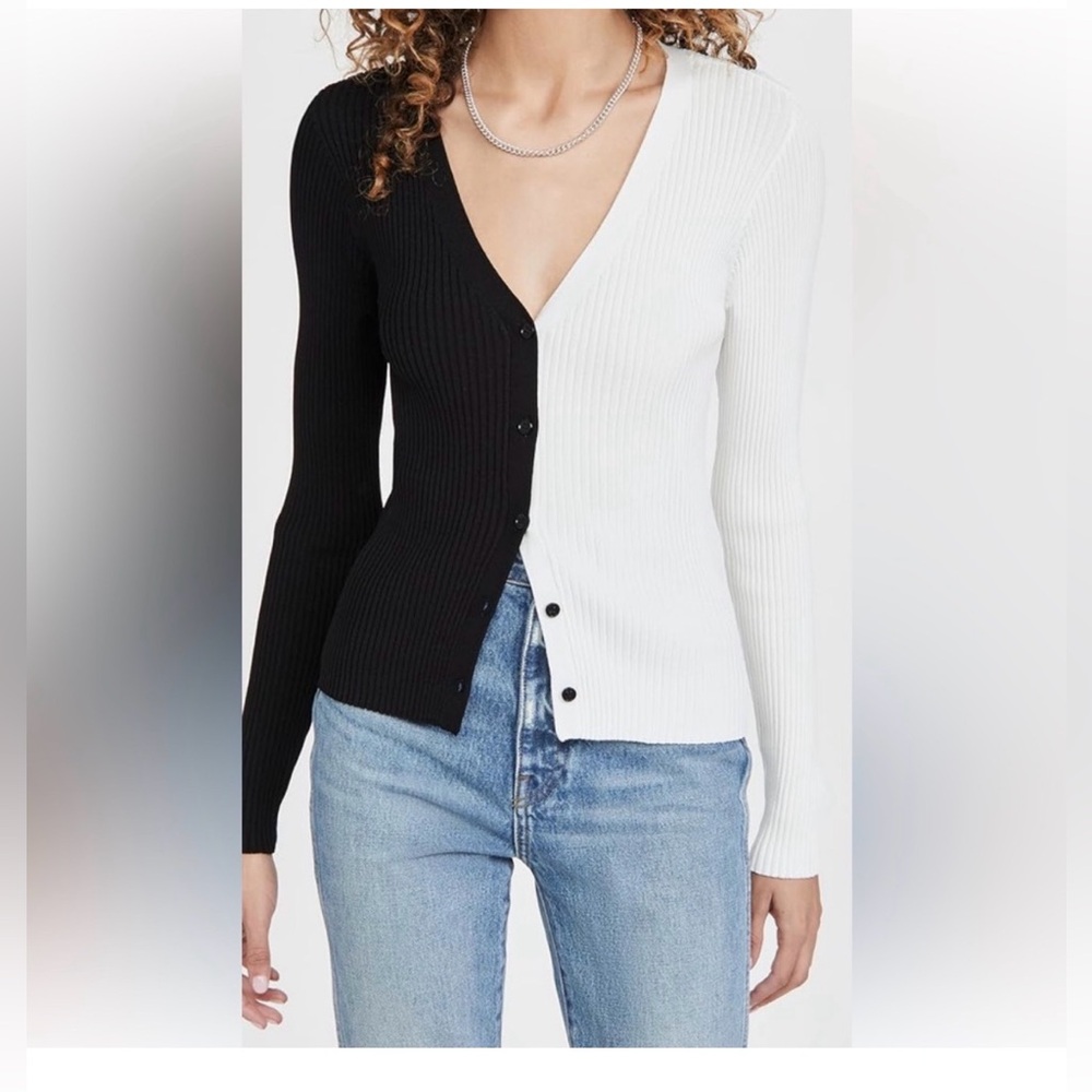 STAUD Black and White Ribbed Cardigan